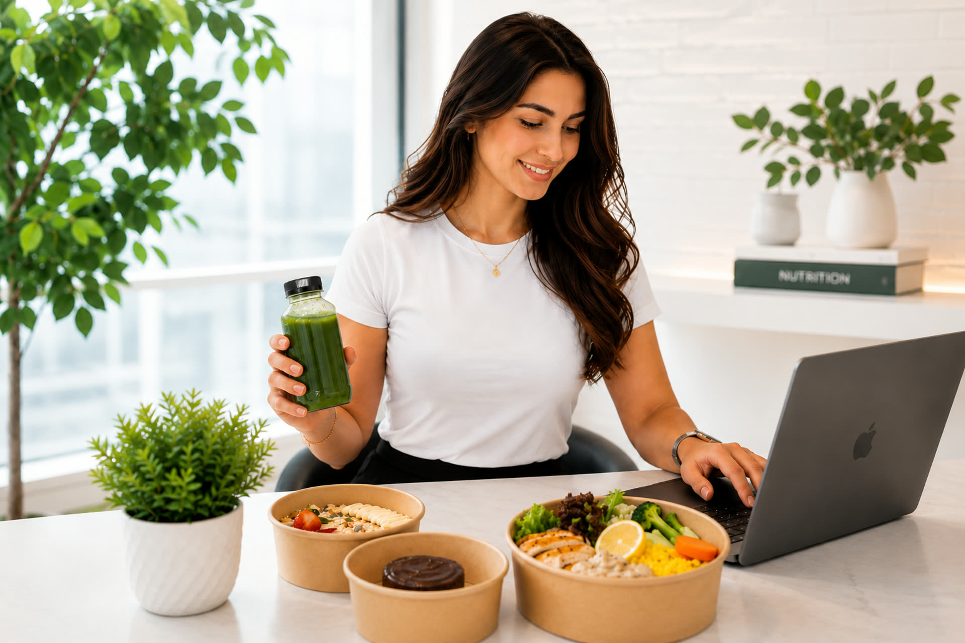 NutriChef brand ambassador Farhana Bodi with fresh meal bowls and a green juice